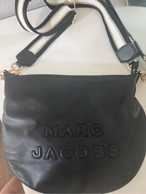 Marc Jacobs Black Leather Crossbody with Striped Gold-Trim Strap